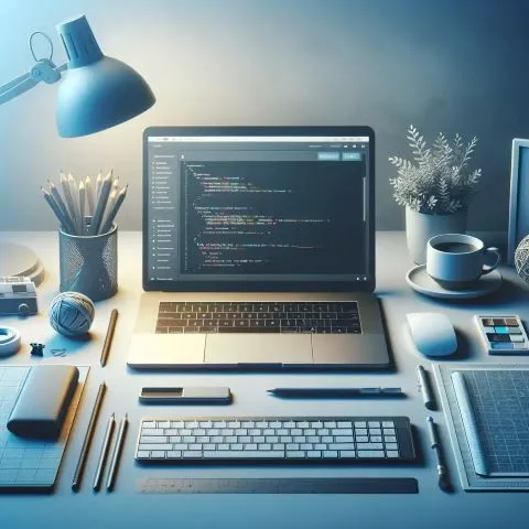 Modern web developer portfolio with sleek desk setup, laptop displaying code, and creative workspace